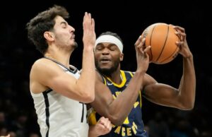 Nets perdem liderança tardia em derrota feia para Pacers – mas ganham impulso na corrida de tanques Jarace Walker, do Indiana, que marcou 23 pontos, a melhor marca do jogo, tenta atacar Ben Saraf durante a derrota do Nets por 115-110 para o Pacers em 11 de fevereiro de 2026 no Barclays Center.