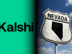 Nevada pressiona juiz federal para devolver o caso Kalshi ao tribunal estadual Nevada pressiona juiz federal para devolver o caso Kalshi ao tribunal estadual. Gráfico dividido com fundo verde e a palavra “Kalshi” em letras pretas em negrito à esquerda, e uma placa de escudo estilo rodovia de Nevada com o contorno do estado contra um céu azul com nuvens à direita.