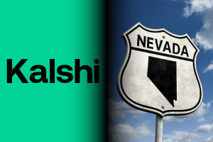 Nevada pressiona juiz federal para devolver o caso Kalshi ao Nevada pressiona juiz federal para devolver o caso Kalshi ao tribunal estadual. Gráfico dividido com fundo verde e a palavra “Kalshi” em letras pretas em negrito à esquerda, e uma placa de escudo estilo rodovia de Nevada com o contorno do estado contra um céu azul com nuvens à direita.
