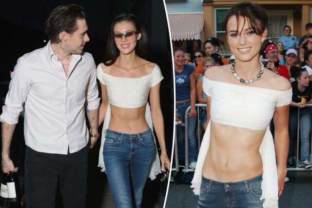 Nicola Peltz canaliza Keira Knightley da era Y2K em top curto e jeans de cintura baixa
