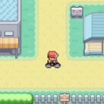 A screenshot of Pokémon LeafGreen/FireRed showing the player bicycling in Cerulean City.