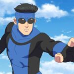 An animated man in a blue and black superhero suit