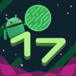 Um smartphone dobrável exibindo uma interface de desktop Android 17 com janelas flutuantes, uma barra de tarefas e um teclado virtual e trackpad