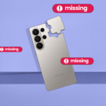 Dois telefones Galaxy S26 ao redor do texto brilhante 'Galaxy AI PHONE', com ícones de aviso vermelhos.