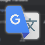 Duas mulheres sorridentes olhando para um smartphone, cercadas por ícones flutuantes do Google Tradutor e balões de fala.