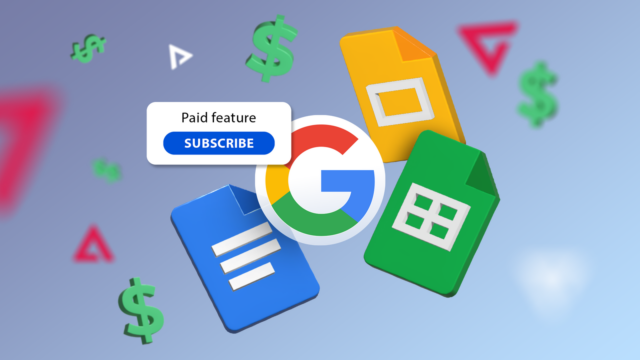 Um smartphone com o logotipo do Google Docs, ícone de microfone, balão de comentários e ícone de engrenagem em um fundo azul