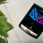 Motorola Razr 2025 em Spring Bud contra um canteiro de flores