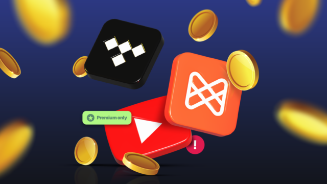 Ilustração de um telefone com recursos do YouTube Premium na tela em um fundo multicolorido