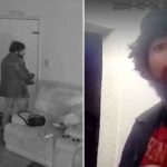 Imagens de vigilância de um homem com barba e cabelo escuro olhando para a câmera.