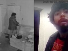 O canalha desgrenhado é pego entrando no apartamento da família de Los Angeles pela janela enquanto eles dormiam Imagens de vigilância de um homem com barba e cabelo escuro olhando para a câmera.