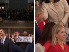 O deputado Al Green segura cartaz ‘Os negros não são macacos’ no discurso do Estado da União al-verde-kal-02-24-2026