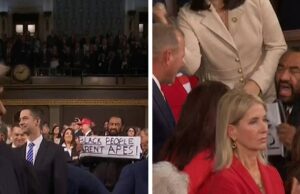 O deputado Al Green segura cartaz ‘Os negros não são macacos’ no discurso do Estado da União al-verde-kal-02-24-2026