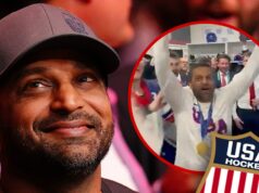 O diretor do FBI, Kash Patel, festeja com a equipe olímpica masculina de hóquei dos EUA após a conquista da medalha de ouro kash-patel-getty-x-williamturton-1