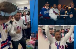 O diretor do FBI, Kash Patel, festeja com o time olímpico de hóquei dos EUA após a conquista da medalha de ouro sobre o Canadá Kash Patel em um