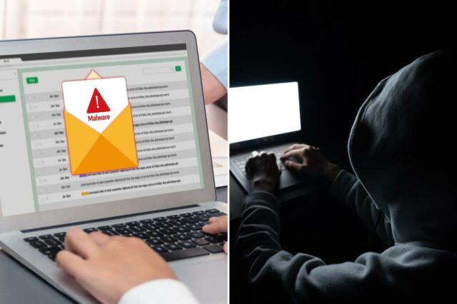 Uma figura encapuzada digitando em um laptop com uma tela branca brilhante em um quarto escuro.