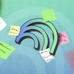 Uma mesa com laptop e outros itens de escritório, com o logotipo NotebookLM no centro.