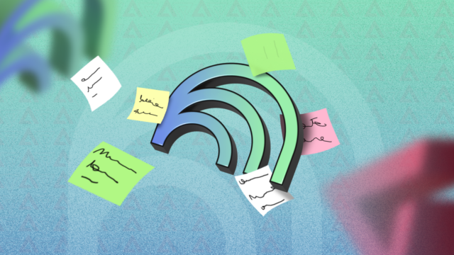 Uma mesa com laptop e outros itens de escritório, com o logotipo NotebookLM no centro.