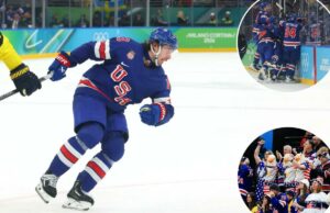 O herói do Team USA OT, Quinn Hughes, chama a América de ‘o maior país do mundo’ em uma mensagem poderosa O jogador de hóquei no gelo Quinn Hughes em um uniforme azul do time dos EUA, patinando no gelo.
