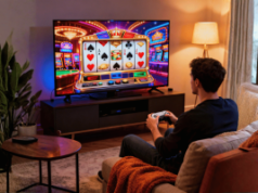 O jogo está remodelando os videogames, o tempo, o dinheiro e a atenção em 2026, diz o relatório O jogo está remodelando os videogames, o tempo, o dinheiro e a atenção em 2026, diz o relatório. Homem sentado em um sofá em uma sala de estar com iluminação suave, segurando um controle de jogo e jogando um jogo de cassino estilo caça-níqueis exibido em uma TV grande, com símbolos de cartas coloridas na tela