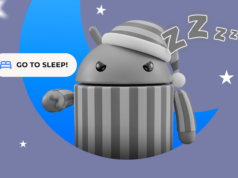 O modo de dormir do Android é agressivo, rude e exatamente o que eu precisava para consertar meu sono Mascote Android segurando um cronômetro ao lado de uma mulher dormindo, aparecendo na tela de um smartphone.