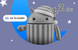 O modo de dormir do Android é agressivo, rude e exatamente o que eu precisava para consertar meu sono Mascote Android segurando um cronômetro ao lado de uma mulher dormindo, aparecendo na tela de um smartphone.