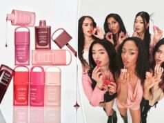 O novo batom aprovado por Katseye de Laneige será o próximo produto K-beauty viral? LANEIGE JUICEPOP BOX Lip Tint em Pop-Star Peach com uma amostra do produto.