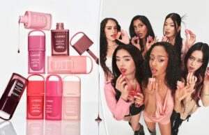 O novo batom aprovado por Katseye de Laneige será o próximo produto K-beauty viral? LANEIGE JUICEPOP BOX Lip Tint em Pop-Star Peach com uma amostra do produto.