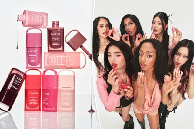LANEIGE JUICEPOP BOX Lip Tint em Pop-Star Peach com uma amostra do produto.