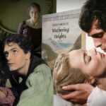 Uma colagem mostra as adaptações de Wuthering Heights (canto superior esquerdo para a direita) de 2011, 1939 e a versão de 2026. No meio, há uma foto do romance de Emily Brontë.