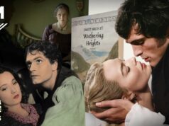 O problema com “O Morro dos Ventos Uivantes” de Emerald Fennell são as expectativas do público. Uma colagem mostra as adaptações de Wuthering Heights (canto superior esquerdo para a direita) de 2011, 1939 e a versão de 2026. No meio, há uma foto do romance de Emily Brontë.