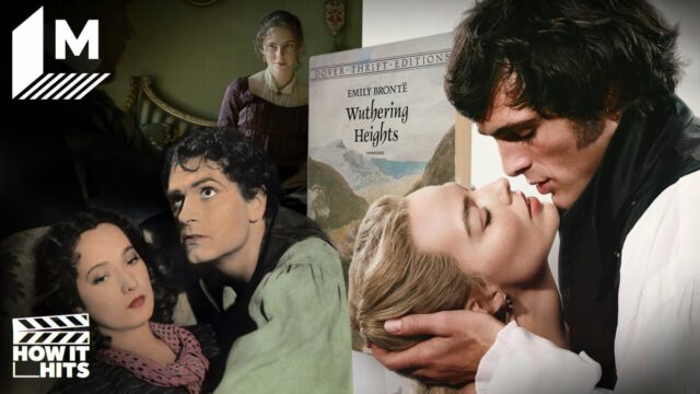 Uma colagem mostra as adaptações de Wuthering Heights (canto superior esquerdo para a direita) de 2011, 1939 e a versão de 2026. No meio, há uma foto do romance de Emily Brontë. 