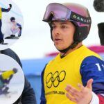 Nathan Pare (c.) Terminou em primeiro lugar em sua bateria de snowboard cross antes de ser desclassificado em 12 de fevereiro de 2026.