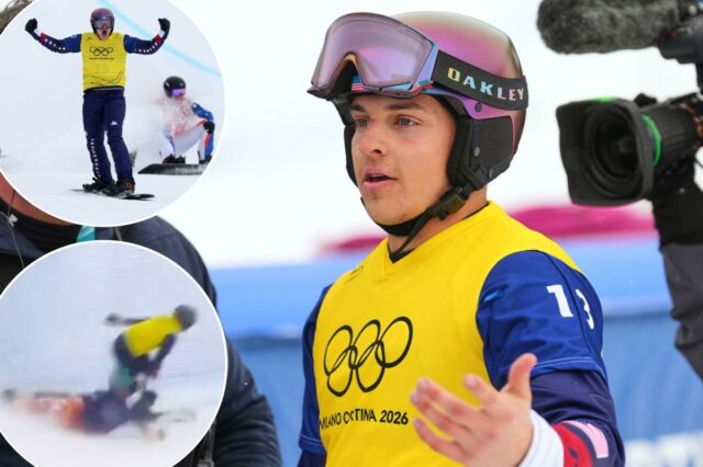 Nathan Pare (c.) Terminou em primeiro lugar em sua bateria de snowboard cross antes de ser desclassificado em 12 de fevereiro de 2026.