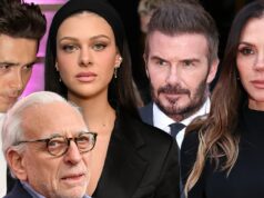 O sogro bilionário de Brooklyn Beckham, Nelson Peltz, reage à briga familiar Brooklyn Beckham, Nicola Peltz e seu pai bilionário enfrentando Victoria e Dave Beckham Getty Comp