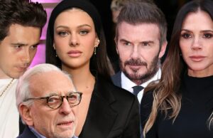 O sogro bilionário de Brooklyn Beckham, Nelson Peltz, reage à briga familiar Brooklyn Beckham, Nicola Peltz e seu pai bilionário enfrentando Victoria e Dave Beckham Getty Comp