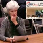 Uma mulher com cabelos curtos e grisalhos e um lenço verde falando em uma reunião do conselho escolar de Maryland.