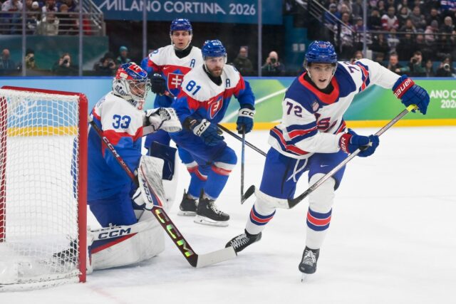 Matthew Tkachuk of Team United States in action against Samuel Hlavaj of Team Slovakia during the Ice Hockey Men United States vs Slovakia Semifinals on day fourteen of the Milano Cortina 2026 Winter Olympic games at Milano Santagiulia Ice Hockey Arena on February 20, 2026 in Milan, Italy.