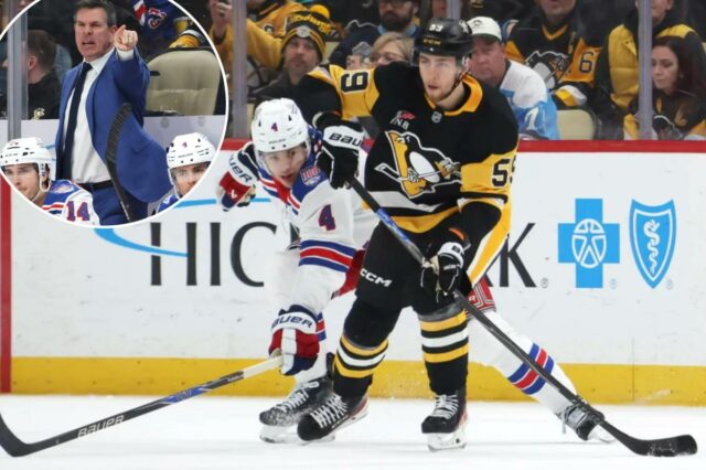 Os fundamentos escorregadios dos Rangers apenas contribuem para perdas lamentáveis Pittsburgh Penguins Egor Chinakhov (59) move o disco contra o New York Rangers Braden Schneider (4).