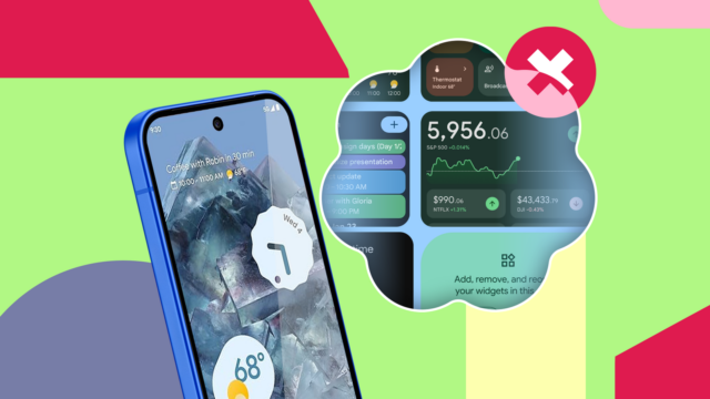 Um Google Pixel 10 mostrando widgets da tela de bloqueio, incluindo widget de previsão do tempo, controles de música, tempo de tela e eventos da agenda