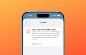 PSA: Verifique se o seu Apple Home está atualizado nos próximos dias Falta menos de uma semana para atualizar o Apple Home, caso ainda não o tenha feito | Lembrete de atualização visto em um iPhone com fundo laranja