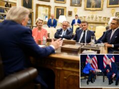 Pacto comercial europeu com Trump é prejudicado por decisão tarifária da Suprema Corte O presidente Trump reúne-se com líderes internacionais no Salão Oval.