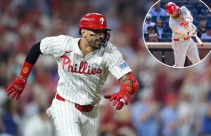 Padres contratará Nick Castellanos após saída sem cerimônia dos Phillies O outfielder do Philadelphia Phillies, Nick Castellanos (8), acerta um único RBI dirigindo para casa. A primeira base do Philadelphia Phillies, Bryce Harper (3), dá aos Phillies a liderança na 10ª entrada contra o New York Mets no Citi Field, quarta-feira, 23 de abril de 2025, em Queens, NY.