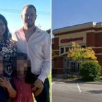 Andrew Strand, sua esposa e dois filhos em um campo gramado.