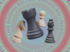 Parei de procurar quebra-cabeças de xadrez e não esperava que isso acontecesse Ilustração de uma pessoa com olhos espirais segurando um smartphone parecendo atordoada com a palavra doomscrolling repetidamente em espiral no fundo