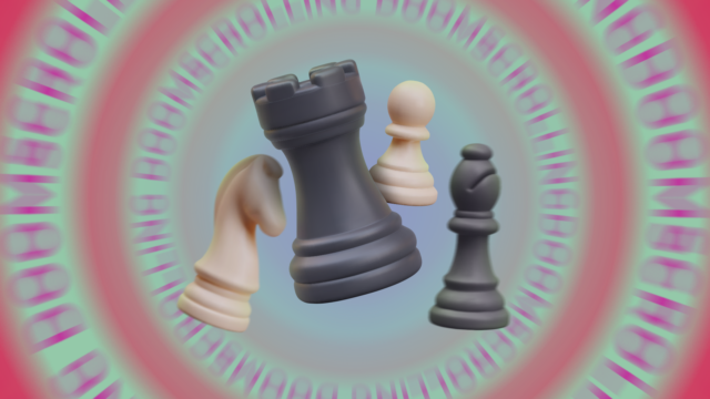 Ilustração de uma pessoa com olhos espirais segurando um smartphone parecendo atordoada com a palavra doomscrolling repetidamente em espiral no fundo