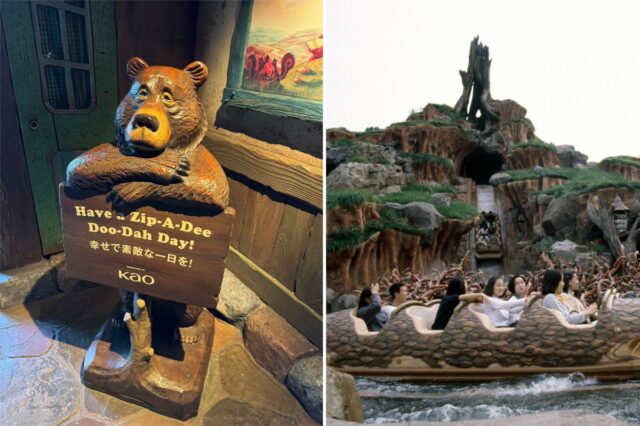 Parque da Disney substitui placa clássica na Splash Mountain e urso segurando uma placa que diz zip a dee doo dah