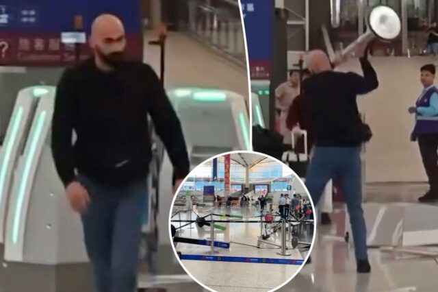 Passageiro violento ataca quiosques em aeroporto em vídeo selvagem
