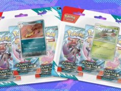 Pokémon TCG Journey Together 3-Pack Blisters agora custam apenas US $ 24 no Walmart – economize vs. Pokémon TCG: Scarlet & Violet — Journey Together Three-Booster Blister - (edição Yanmega) em um fundo branco