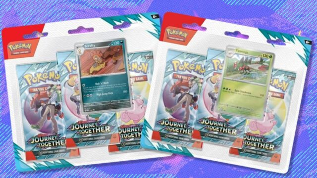 Pokémon TCG: Scarlet & Violet — Journey Together Three-Booster Blister - (edição Yanmega) em um fundo branco