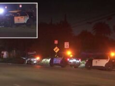 Policiais de Los Angeles lutando por suas vidas após acidente de terror perseguindo suposto motorista bêbado SUV do Departamento de Polícia de Los Angeles danificado na lateral após um acidente de perseguição à noite.